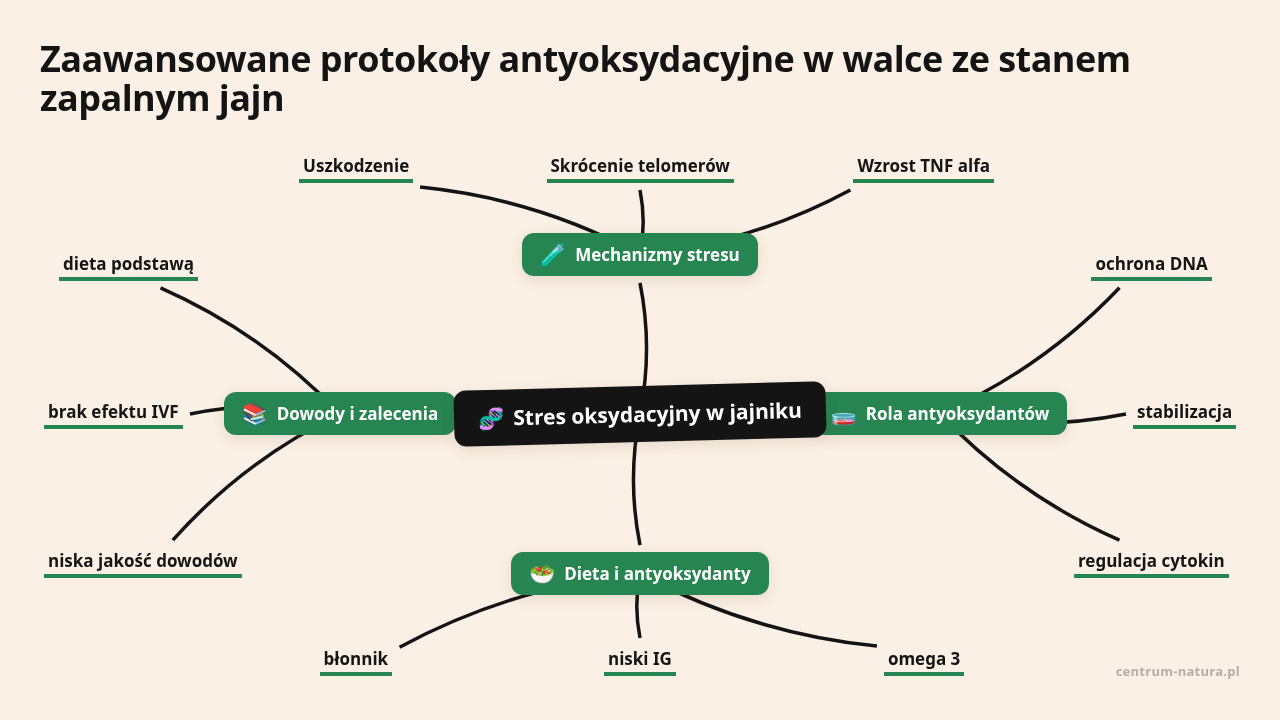 Mapa myśli: Stres oksydacyjny w jajniku, gałęzie: Mechanizmy stresu, Rola antyoksydantów, Dieta i antyoksydanty, Dowody i zalecenia